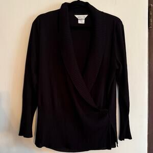 Exclusively MISOOK | Black Shawl Collar Faux Wrap Long Sleeve Sweater | Large